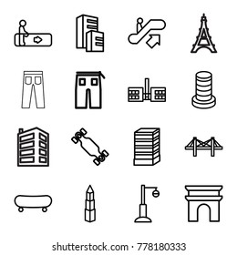 Urban icons. set of 16 editable outline urban icons such as escalator, escalator up, business center building, building, arc de triomphe, pants, school, skate, street lamp