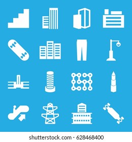 Urban icons set. set of 16 urban filled icons such as escalator up, building, business center building, pants, pylon, street lamp, stair, skate board, electric circuit