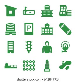 Urban icons set. set of 16 urban filled icons such as parking, escalator, escalator up, modern curved building, business center, building, hoodie, traffic light