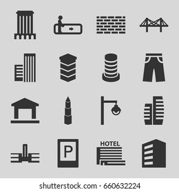 Urban icons set. set of 16 urban filled icons such as parking, escalator, building, pants, bridge, street lamp, hotel, school