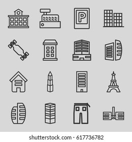 Urban icons set. set of 16 urban outline icons such as parking, building, business centre, business center, Eiffel Tower, pants, builidng, skate board