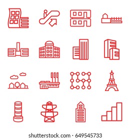 Urban icons set. set of 16 urban outline icons such as escalator up, modern curved building, building   isolated  sign symbol, eiffel tower, pylon, stair, house builidng