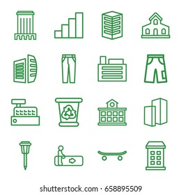 Urban icons set. set of 16 urban outline icons such as escalator, building, recycle bin, pants, business center, street lamp, stair, builidng