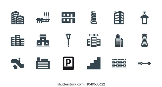 Urban icons. set of 18 editable filled urban icons: escalator down, business center building, street lamp, building, brick wall, stair, house building, hotel, electric circuit