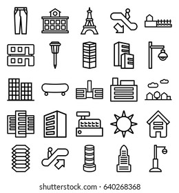 Urban icons set. set of 25 urban outline icons such as escalator up, escalator down, building, business centre, business center building, business center, eiffel tower, pants