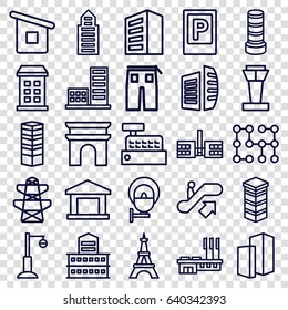 Urban icons set. set of 25 urban outline icons such as airport tower, parking, escalator up, building, business centre, business center building, arc de triomphe, eiffel tower