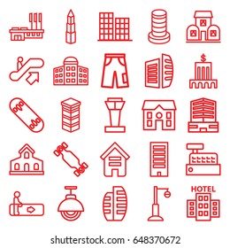 Urban icons set. set of 25 urban outline icons such as airport tower, escalator, escalator up, building, building   isolated  sign symbol, business center, pants, house