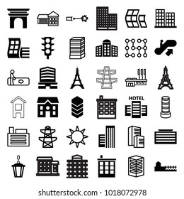 Urban icons. set of 36 editable filled and outline urban icons such as escalator up, modern curved building, building   isolated  sign symbol, business center, house, pylon