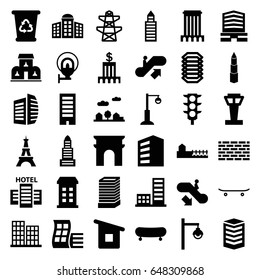 Urban icons set. set of 36 urban filled icons such as airport tower, escalator up, escalator down, building, modern curved building, business center, arc de triomphe