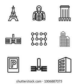 Urban icons. set of 9 editable outline urban icons such as parking, building, eiffel tower, hoodie, school, builidng