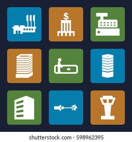 urban icons set. Set of 9 urban filled icons such as airport tower, escalator, business centre, building, business center building, electric circuit