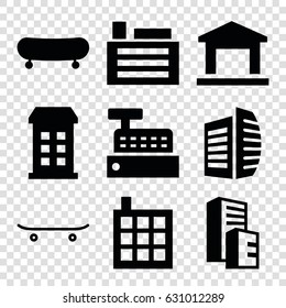 Urban icons set. set of 9 urban filled icons such as building, business center, skateboard
