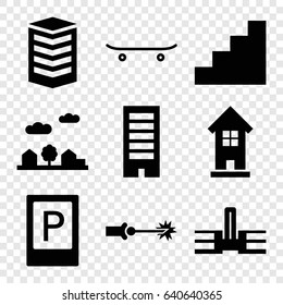 Urban icons set. set of 9 urban filled icons such as parking, building, stair, city landscape, skateboard, electric circuit