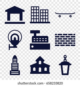 Urban icons set. set of 9 urban filled icons such as building, business center, street lamp, skateboard