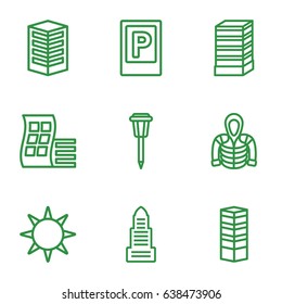 Urban icons set. set of 9 urban outline icons such as parking, modern curved building, business centre, business center building, business center, hoodie, street lamp, hotel