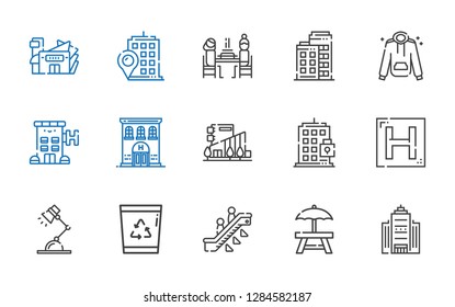 urban icons set. Collection of urban with office building, rest area, escalator, recycle bin, desk lamp, hotel, building, mall, hoodie, pierrade. Editable and scalable urban icons.