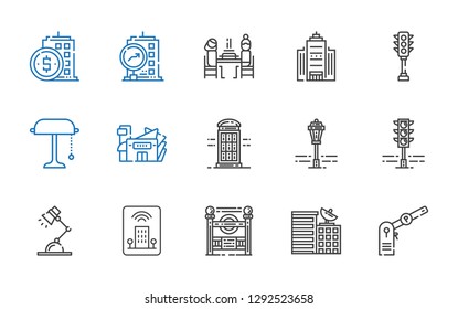 urban icons set. Collection of urban with parking, building, subway entrance, hotel, desk lamp, traffic light, street lamp, phone booth, mall. Editable and scalable urban icons.