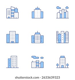 Conjunto de ícones urbanos. Linha Duotone estilo, traço editável. arranha-céu, edifícios, cidade, edifício de escritórios, edifício, smog.