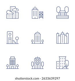 Urban icons set. Thin Line style, editable stroke. house, building, construction, skyscraper, park, pollution, city.