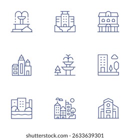 Conjunto de ícones urbanos. Estilo Thin Line, traço editável. cidade, fonte, cidade, duplex, edifício, cobertura, edifícios, canal.