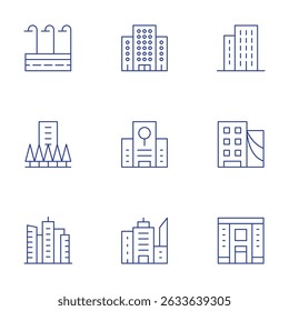 Urban icons set. Thin Line style, editable stroke. property, skyscraper, street lights, research center, office building, buildings, urban art, building, city.