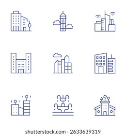 Conjunto de ícones urbanos. Estilo Thin Line, traço editável. edifício, arranha-céu, horizonte, cidade inteligente, fonte, creche, paisagem urbana.