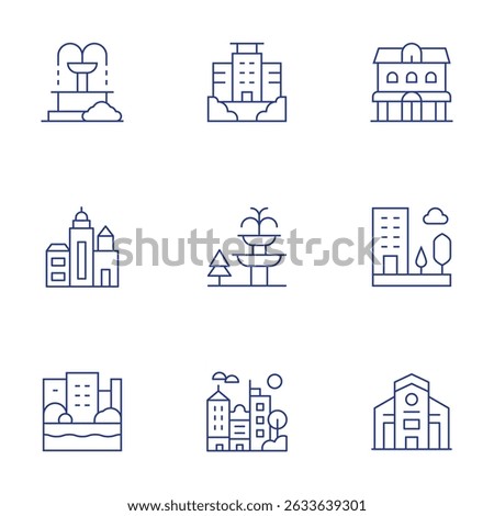 Urban icons set. Thin Line style, editable stroke. town, fountain, city, duplex, building, penthouse, buildings, canal.