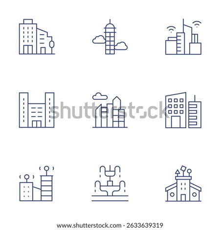 Urban icons set. Thin Line style, editable stroke. building, skyscraper, skyline, smart city, fountain, daycare center, cityscape.