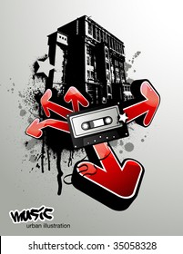 urban illustration with arrows and music tape