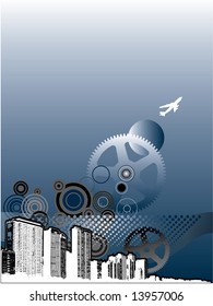 Urban illustration in Blue and white with buildings, plane, textures; available in vector