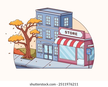 An urban illustration depicting a corner shop, an apartment, and a tree with fallen leaves in the fall. The illustration is rendered in pastel and warm colors.