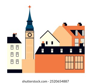 An urban illustration featuring various buildings with a prominent clock tower, presented in a flat and geometric vector style. Isolated on a white background.