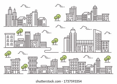 Urban illustration with various shapes in a line style. White background. Concept building