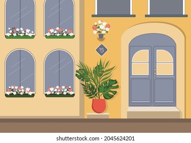 Urban illustrations, background. Cityscape, street with colorful houses, windows and potted plants and flowers. Door, entrance. Italian retro architecture. Yellow, beige colors