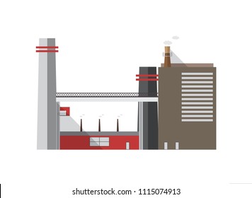 Urban industrial building with pipes emitting gas isolated on white background. Facade of manufacturing plant or factory of modern architecture. Colorful cartoon vector illustration in flat style.