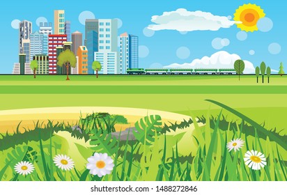 Urban industrial city landscape. Big modern citywith skyscrapers  in countryside landscape  with mountains and country houses vector flat style.
