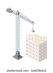 Urban industrial isometric 3d architectural flat plan. Three-dimensional crane drawings and construction plans. Skyscraper building structure map