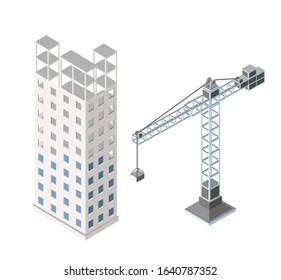Urban industrial isometric 3d architectural flat plan. Three-dimensional crane drawings and construction plans. Skyscraper building structure map