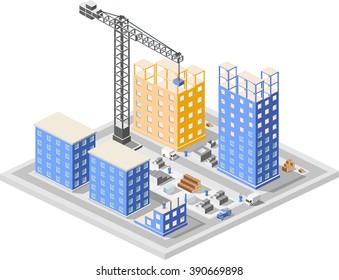 Urban industrial isometric 3d architectural flat plan. Three-dimensional  crane drawings and construction plans. Skyscraper building structure  map.  Business concept infographics.