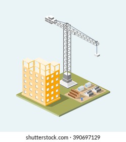 Urban industrial isometric 3d architectural flat plan. Three-dimensional  crane drawings and construction plans. Skyscraper building structure  map.  Business concept infographics.