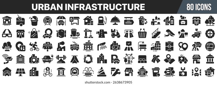 Urban infrastructure black icons collection. Big UI icon set in a flat design. Vector illustration EPS10