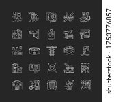 Urban infrastructure chalk white icons set on black background. Public service. Traffic regulation. Passenger transport. Stadium for show and event. Isolated vector chalkboard illustrations