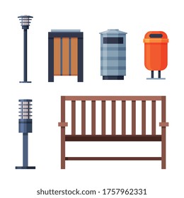 Urban Infrastructure Design Element Set, Lamppost, Trash Bins, Wooden Fence Flat Style Vector Illustration on White Background