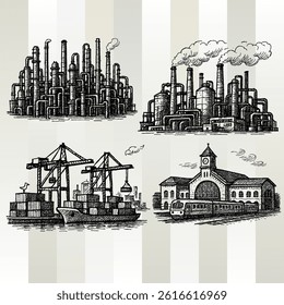 Urban Infrastructure Ink Illustrations Set	