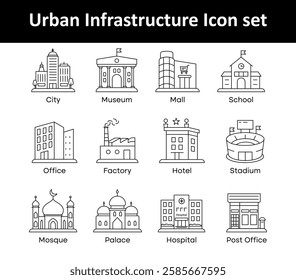Urban Infrastructure – Key Elements Defining Modern Cities and Services icons with editable stroke.