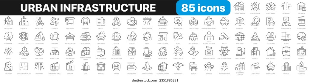 Urban infrastructure line icons collection. City, buildings, transport, road icons. UI icon set. Thin outline icons pack. Vector illustration EPS10