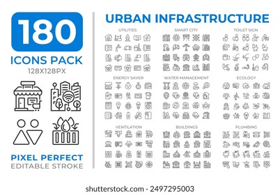 Los iconos de línea de infraestructura Urbana establecen la colección. Servicios públicos, ciudad inteligente. Gestión del agua. Mega paquete de pictogramas lineales, píxel perfecto. Ilustraciones vectoriales aisladas. Trazo editable