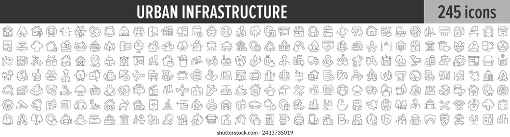 Urban Infrastructure linear icon collection. Big set of 245 Urban Infrastructure icons. Thin line icons collection. Vector illustration