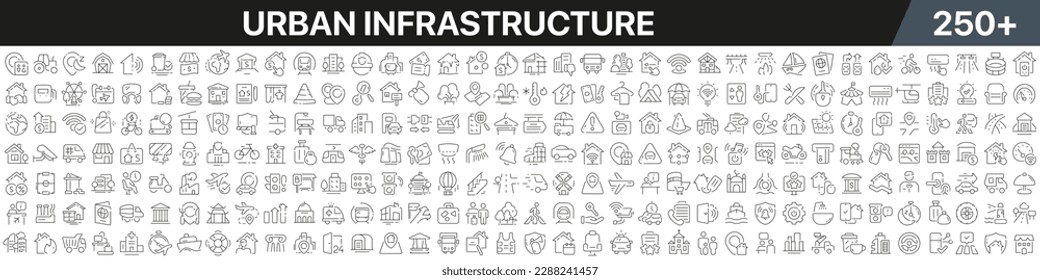 Lineare Symbolsammlung für städtische Infrastruktur. Große Menge von mehr als 250 dünnen Linien Icons in Schwarz. Städtische Infrastruktur schwarze Symbole. Vektorgrafik