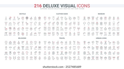 Urban infrastructure and living in big city, holidays and temples of religions line icon set. Classic art museum, clothes and shoes size thin black and red outline symbols vector illustration